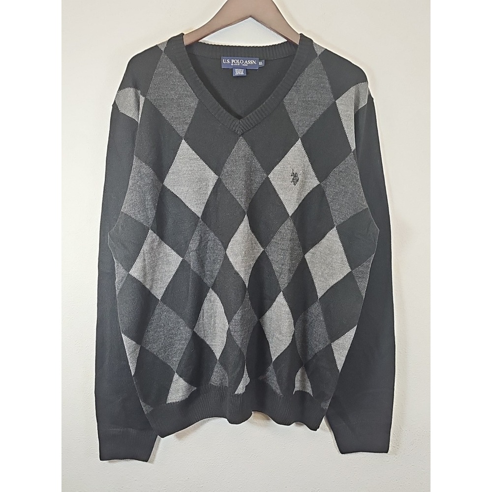 US Polo Assn Men's Argyle Diamond Golf V-Neck Long Sleeve Pullover Sweater Sz KL